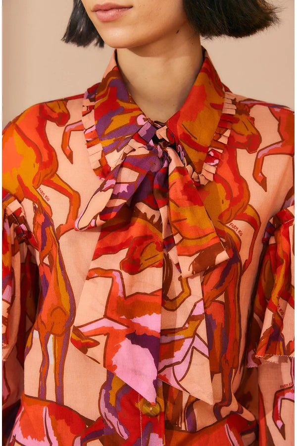 Wild Horsed Rose Bow Neck Tie Blouse