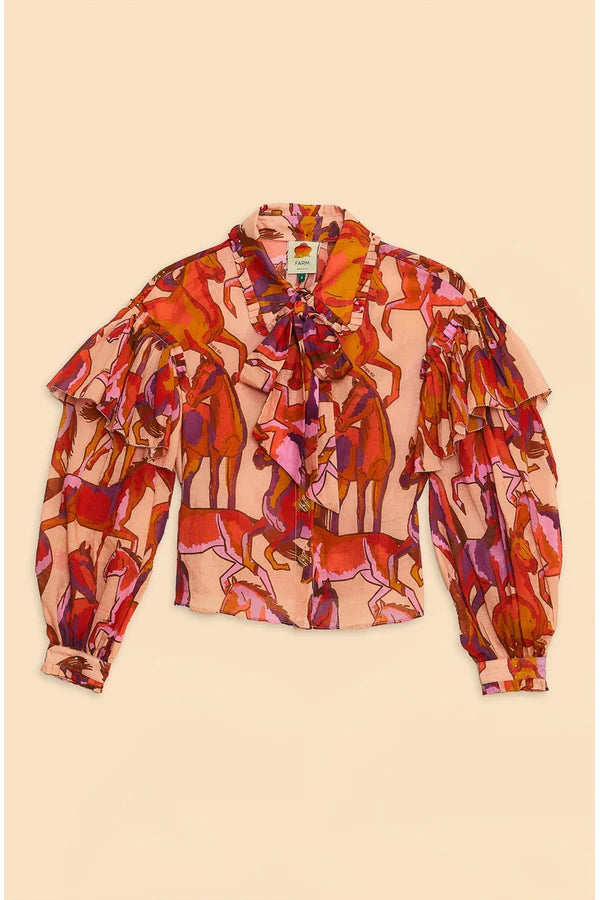 Wild Horsed Rose Bow Neck Tie Blouse