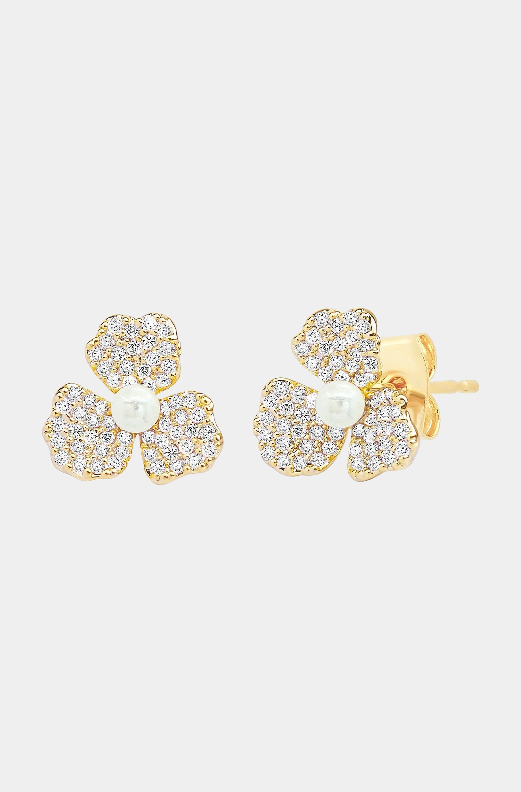 Triple Petal Pave and Pearl Studs