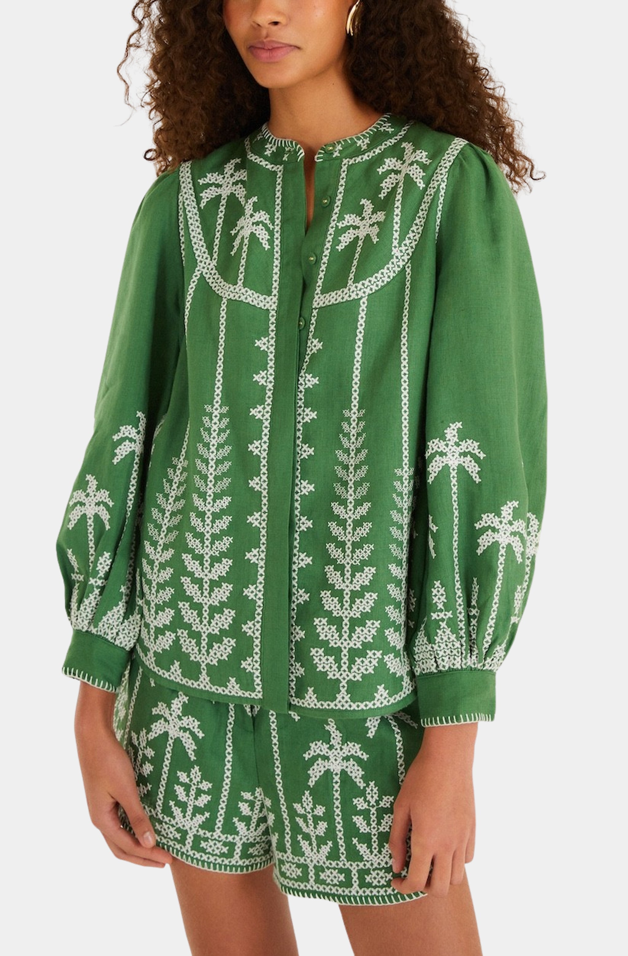 Bicolor Cross Stitch Embroidery Blouse Long Sleeve