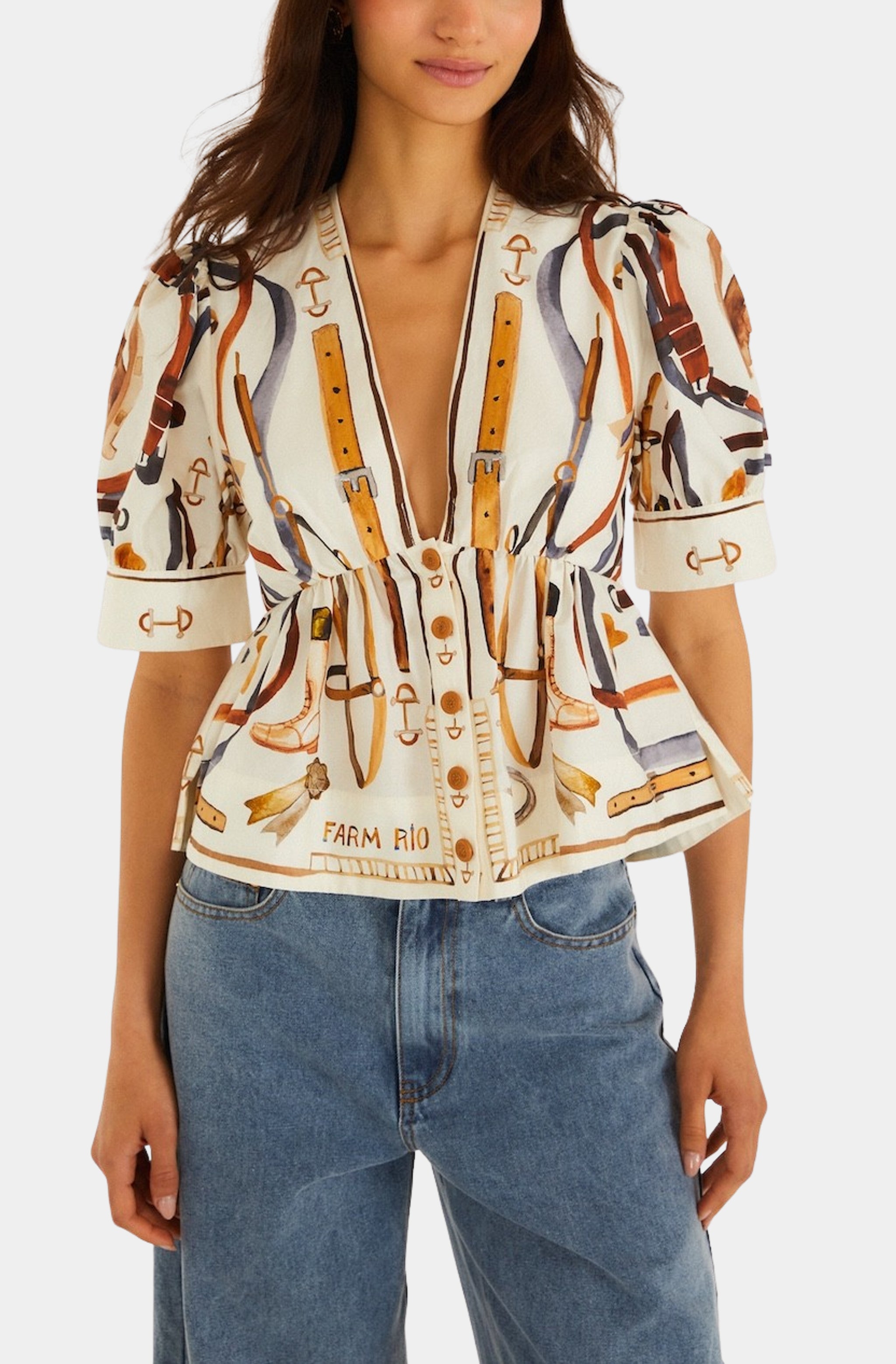 Equestrian Scarf Winter White Short Sleeve Blouse