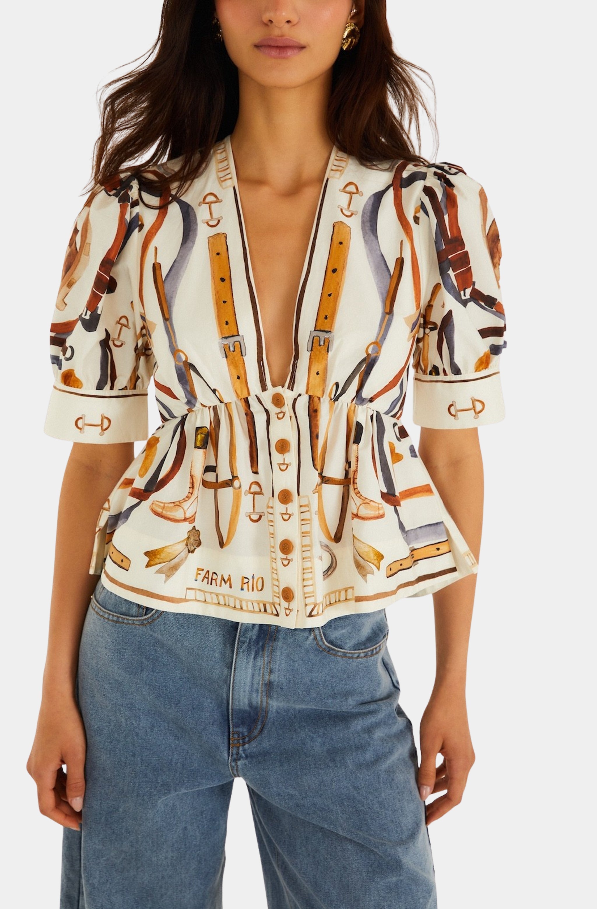 Equestrian Scarf Winter White Short Sleeve Blouse