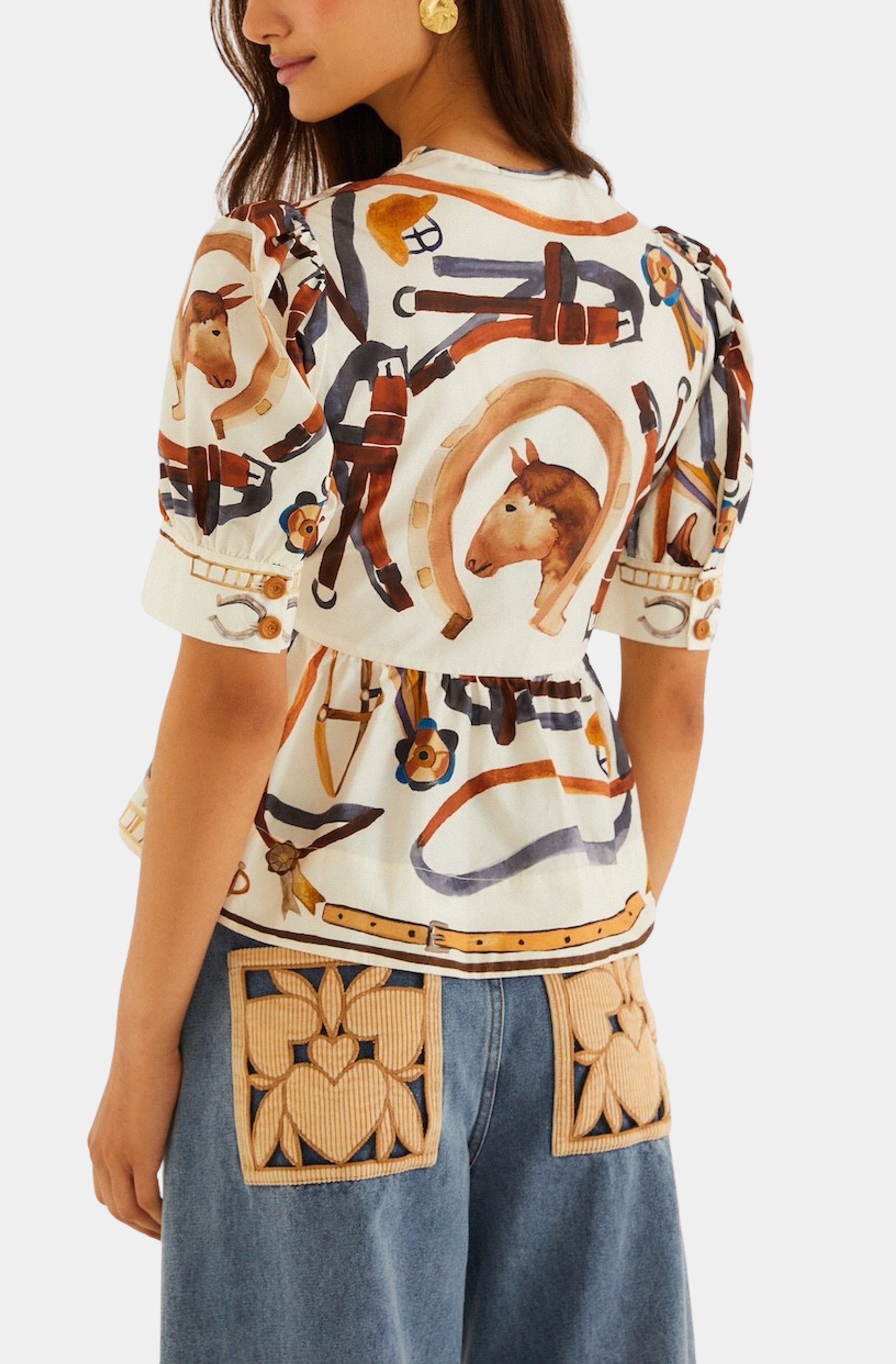 Equestrian Scarf Winter White Short Sleeve Blouse